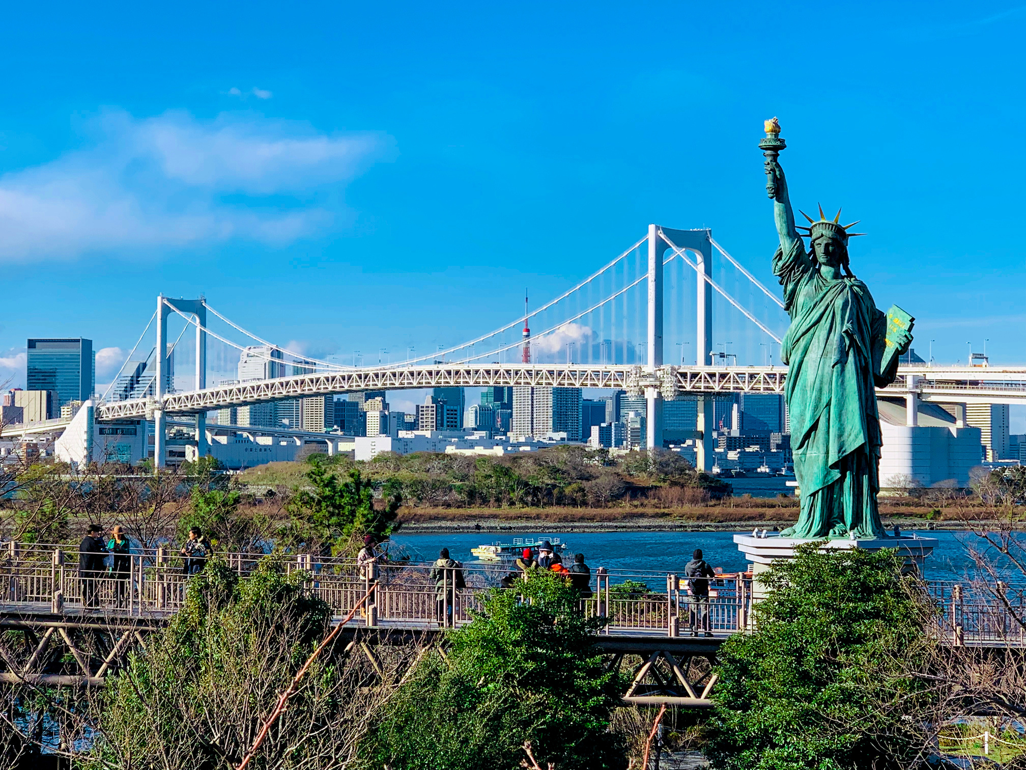 Tokyo cityscape with replica of Statue of Liberty